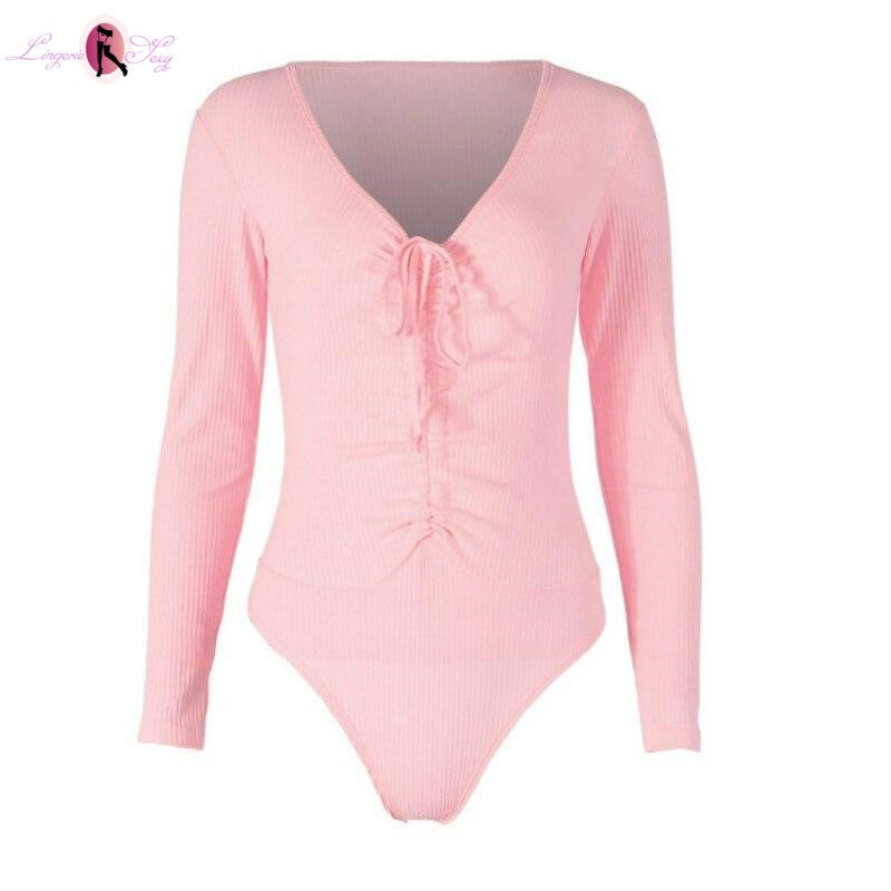 body sexy manches longues lacets rose