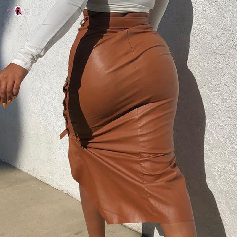 jupe longue simili cuir marron